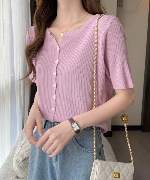 HAILY カーディガン 半袖 キーネック半袖リブニットカーディガン