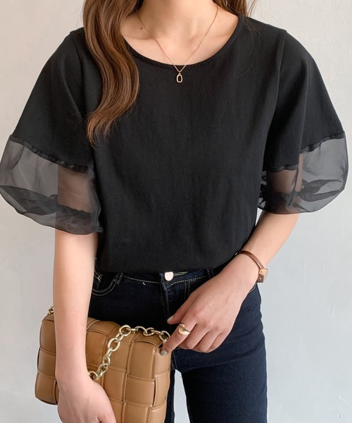 tシャツ オーガンジー切替プルオーバー レディース オーガンジー切替ワイドプルオーバー（Tシャツ/カットソー
