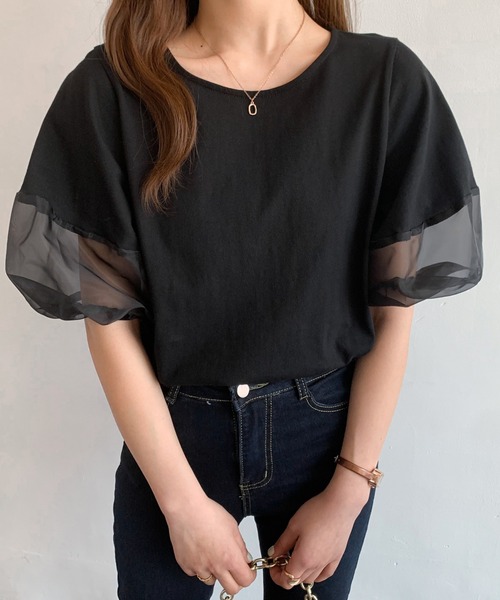 Diosfront tシャツ オーガンジー切替ボリューム袖カットTシャツ