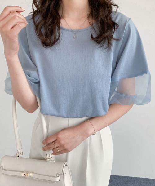 Diosfront tシャツ オーガンジー切替ボリューム袖カットTシャツ