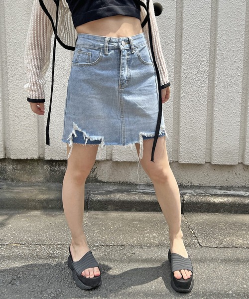スカート デニム ダメージヘムデニムミニスカート レディース  