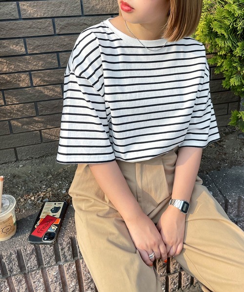 tシャツ 半袖 ネームタグアソートパネルボーダーTシャツ レディース