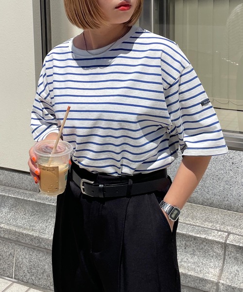 tシャツ 半袖 ネームタグアソートパネルボーダーTシャツ レディース