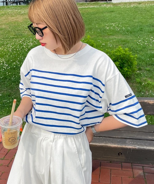 tシャツ 半袖 ネームタグアソートパネルボーダーTシャツ レディース