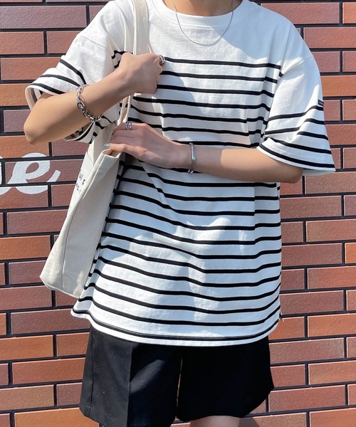 tシャツ 半袖 ネームタグアソートパネルボーダーTシャツ レディース