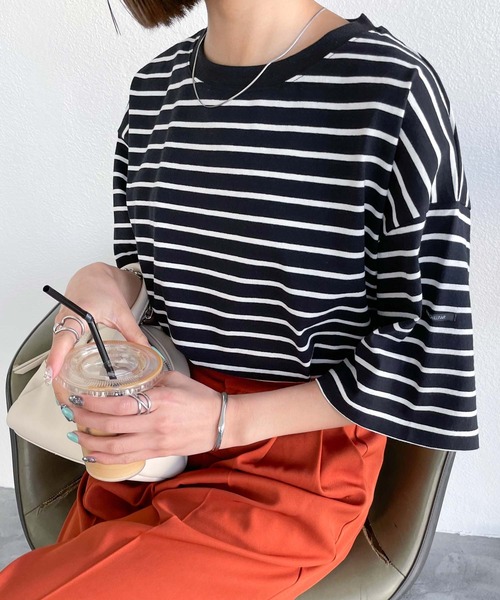 tシャツ 半袖 ネームタグアソートパネルボーダーTシャツ レディース