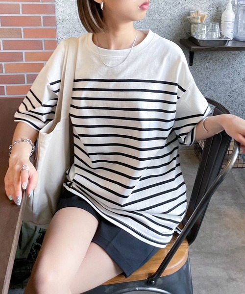 tシャツ 半袖 ネームタグアソートパネルボーダーTシャツ レディース