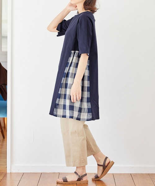 Viola e tシャツ サイド切替チェック柄デザインチュニック