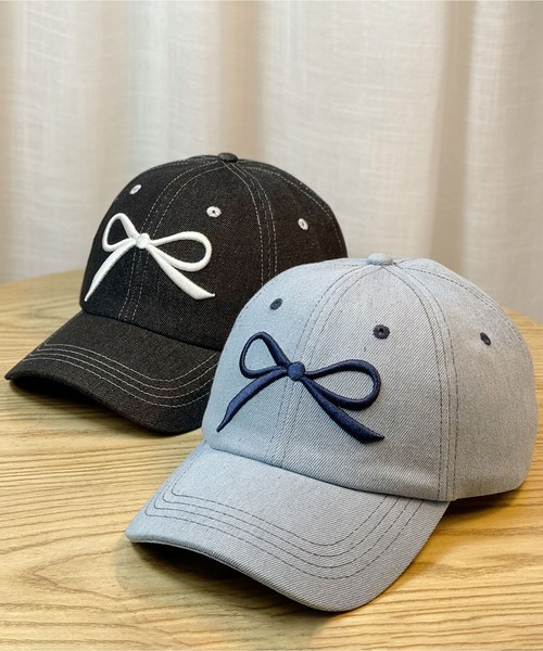LA VORAGINE（ラ ヴォラジネ） キャップ 帽子 リボン刺繍デニム野球帽