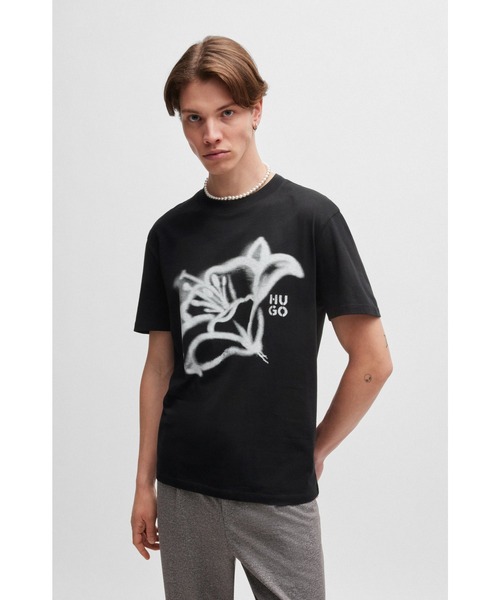 【関税込み】Hugo グレー リラックスフィット コットン Tシャツ HUGO tシャツ リラックスフィット フローラルアートワーク