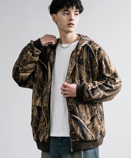 Rocky Monroe パーカー リアルツリープリント裏毛フルジップパーカー