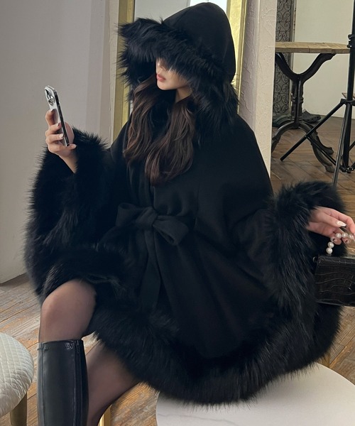 ロイヤルパーティ PARTY ポンチョコート ロイヤルパーティー ROYAL PARTY ファー付ポンチョ風コート （ブラック