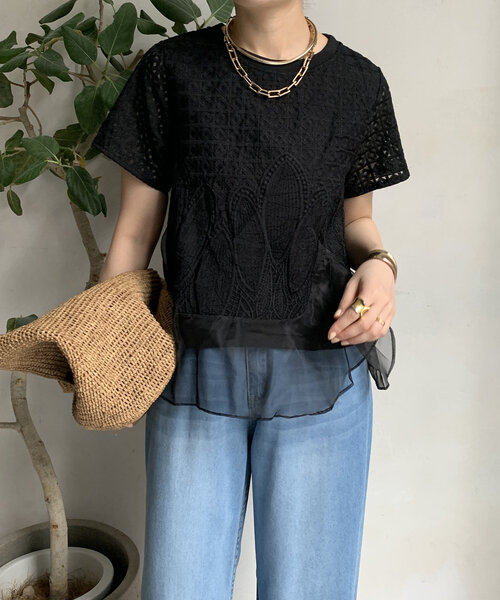 ブラウス シャツ 「WEB限定」レース×オーガンジープルオーバー レディース