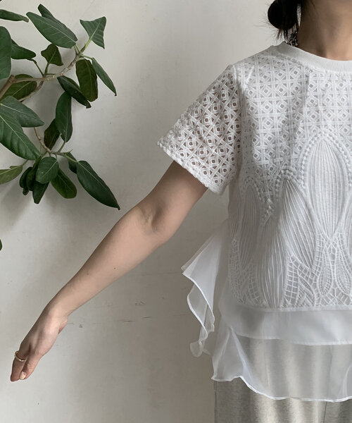DouDou ブラウス シャツ 「WEB限定」レース×オーガンジープル