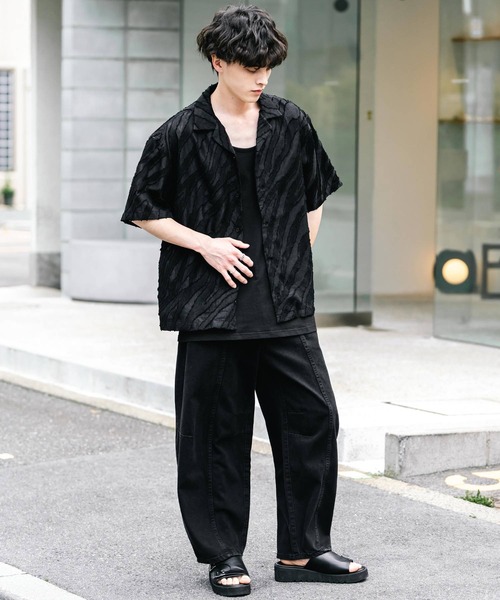 メンズ リーフ柄シャツ オーバーサイズシャツ Q00340 NO NEED シャツ リーフ柄オープンカラーシャツ ビッグシルエット