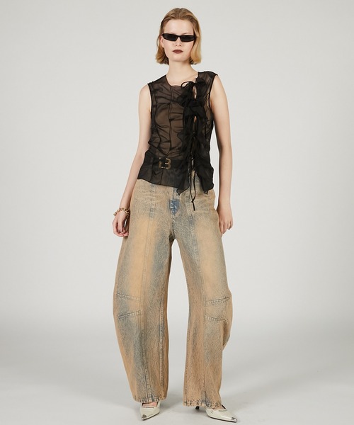 タンクトップ ノースリーブ Sheer asymmetry tank　シアーアシンメトリータンク レディース PRANK PROJECT タンクトップ ノースリーブ ランダムタックシアー