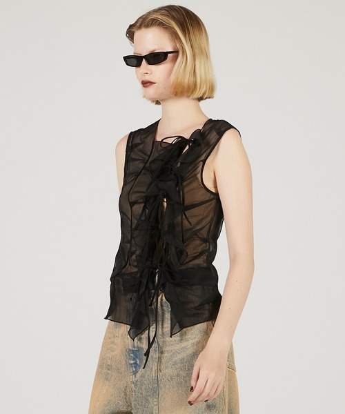 タンクトップ ノースリーブ Sheer asymmetry tank　シアーアシンメトリータンク レディース PRANK PROJECT タンクトップ ノースリーブ ランダムタックシアー