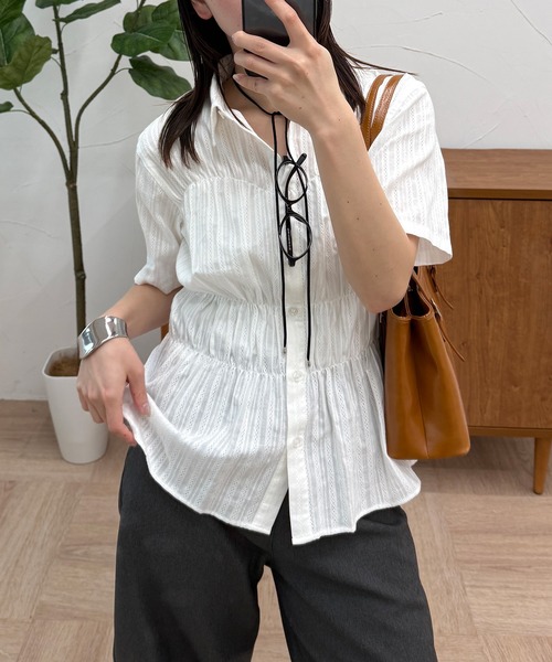 ブラウス シャツ Sheer Check Blouse レディース MUHET ブラウス シャツ shirred shirt blouse / シャーリング