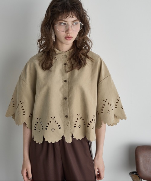 THE Yon ブラウス シャツ ヒートカットスカラップハーフスリーブシャツ