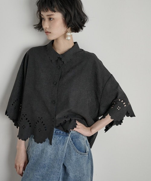 THE Yon ブラウス シャツ ヒートカットスカラップハーフスリーブシャツ