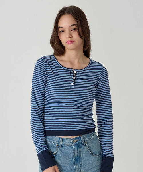TINA：JOJUN（ティーナジョジュン） tシャツ ボーダー ヘンリーネック