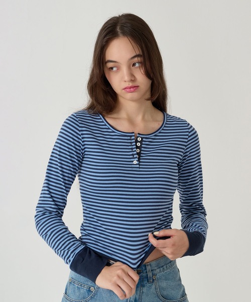 Tina ❤︎‬ 即日発送 TINA：JOJUN tシャツ ボーダー ヘンリーネック カットソー レディース