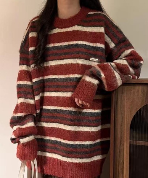 FreeZone セーター ニット モヘアタッチマルチボーダーニットプル
