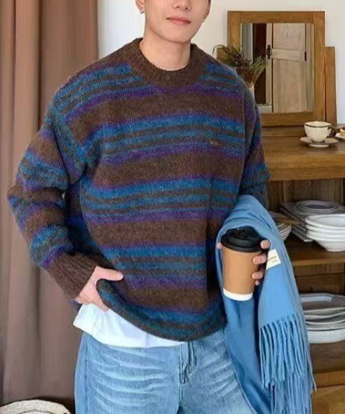 FreeZone セーター ニット モヘアタッチマルチボーダーニットプル