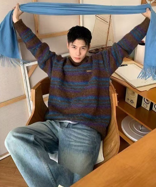 FreeZone セーター ニット モヘアタッチマルチボーダーニットプル
