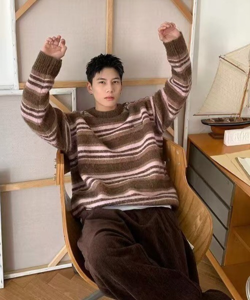FreeZone セーター ニット モヘアタッチマルチボーダーニットプル