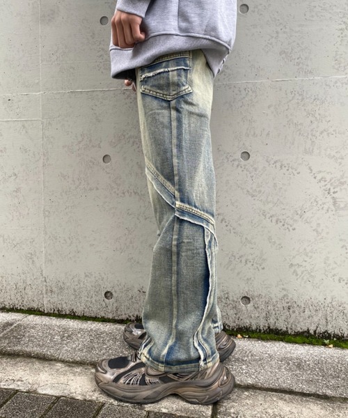lilful ワイドパンツ ジーンズ ダメージウォッシュ加工スリム 