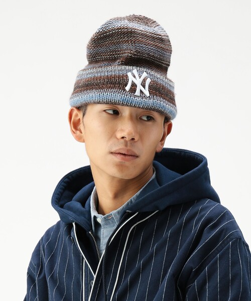 極美品 モラビト ロゴプレート付きラメウールリブニット キャップネック ブルー系 NEW ERA（ニューエラ） ニット帽 ニットキャップ 「別注」NEW ERA