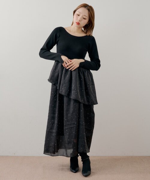 【完売！SALON by Chico】タックチュールドッキングロングワンピース WEB限定/SALON by Chico】タックチュールドッキングロングワンピース