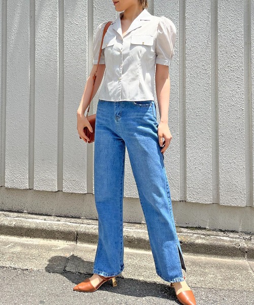 Jewelobe ブラウス シャツ レトロシルエットストライプ開襟