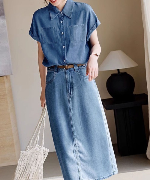 ブラウス シャツ Relaxed Denim Shirt With Mini Bag レディース SHIPS ブラウス シャツ 「洗濯機可能」ショート丈 デニム