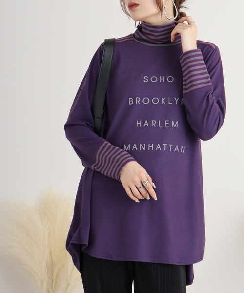ブローディア BRODIAEA 起毛ボーダー切替ロゴチュニック （ブラック） チュニック BRODIAEA 起毛ボーダー切替ロゴチュニック
