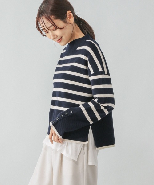 GLOBAL WORK ニット セーター メルティ袖ボタンスタンドプルオーバー