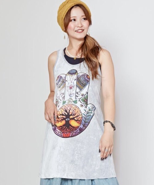 EVRIS エスニックニットタンクトップ Lily snowy sky tank top / white × blue / ニットタンクトップ