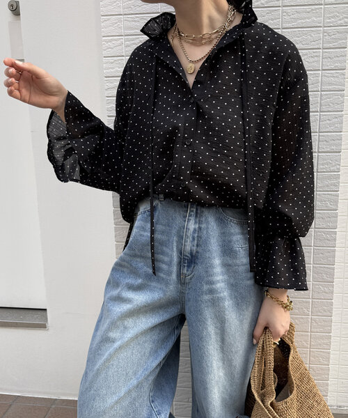ブラウス シャツ シアードットスタンドフリルブラウス レディース DouDou ブラウス シャツ シアードットスタンドフリルブラウス