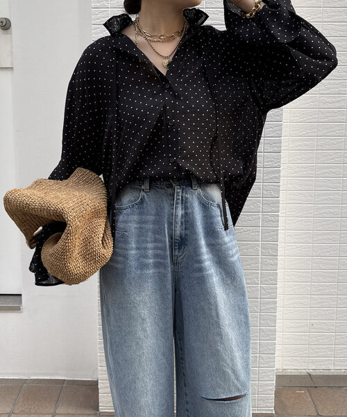 ブラウス シャツ シアードットスタンドフリルブラウス レディース DouDou ブラウス シャツ シアードットスタンドフリルブラウス
