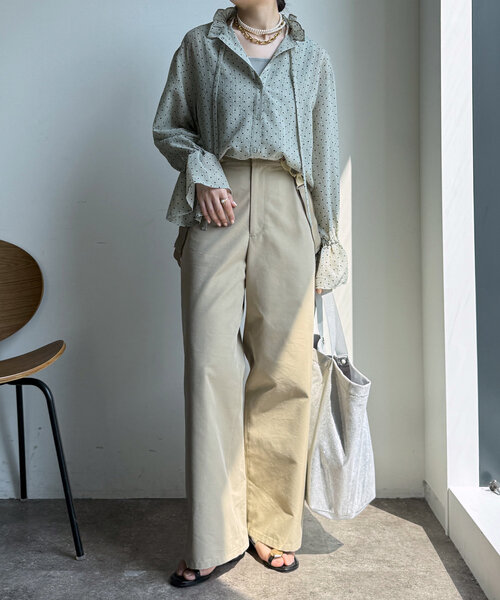 ブラウス シャツ シアードットスタンドフリルブラウス レディース DouDou ブラウス シャツ シアードットスタンドフリルブラウス