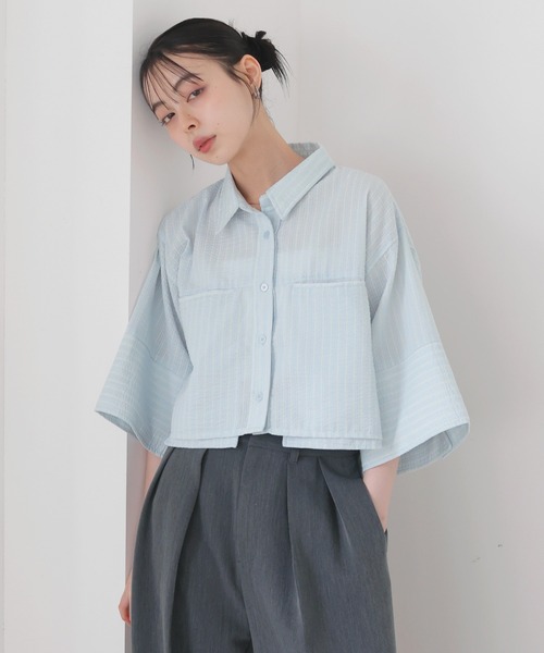 LIAN ブラウス シャツ ストライプハーフスリーブショートシャツ