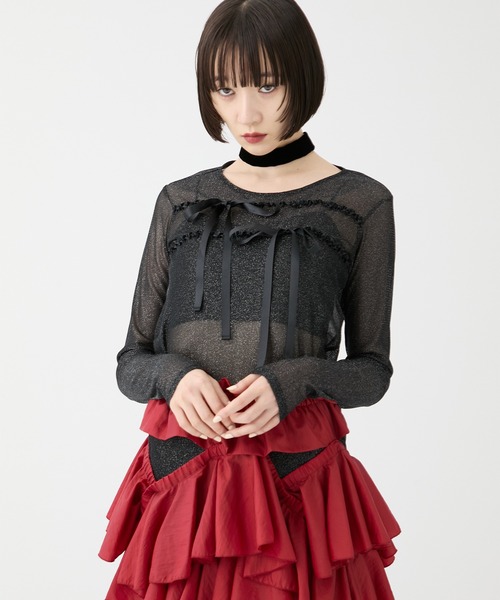 tシャツ 「HOUGA/ホウガ」「STUDIOUS別注」SHEER RIBON SKIN TOPS/シアーリボンスキントップス レディース