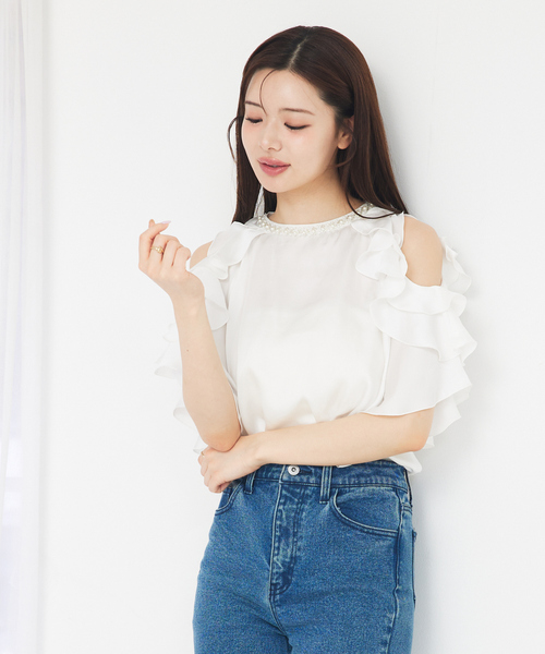 ブラウス シャツ ショルダーオープンビジュー付フリルブラウス　夏服 レディース