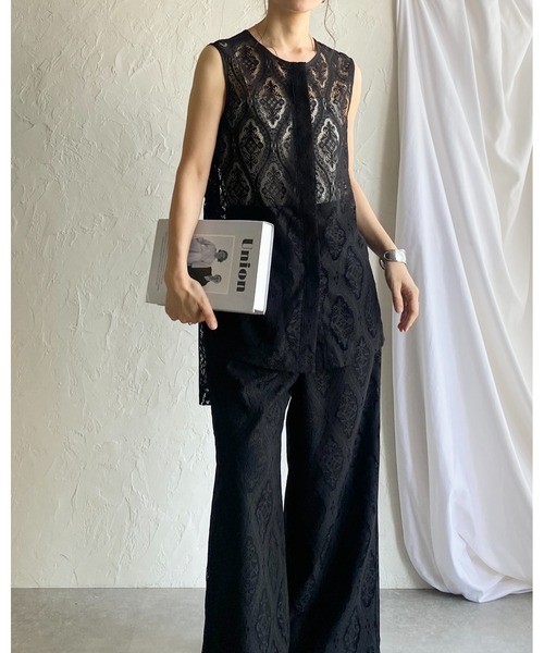 ジレ、ブラウスセットアップ She's Closet セットアップ ノースリーブラッセルレースジレ