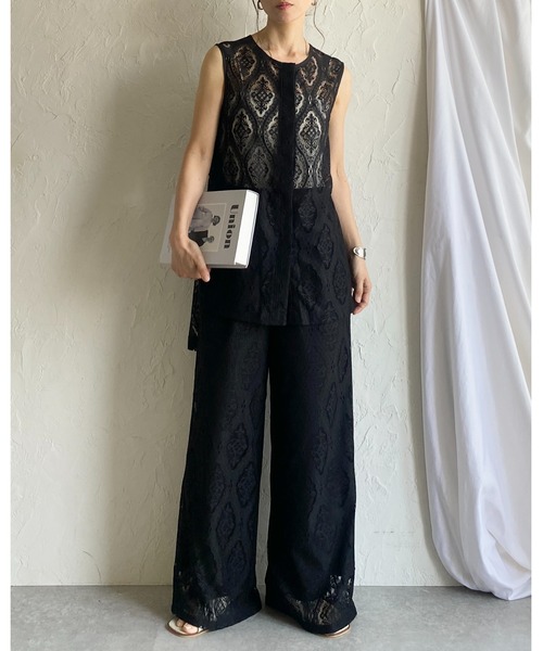 ジレ、ブラウスセットアップ She's Closet セットアップ ノースリーブラッセルレースジレ