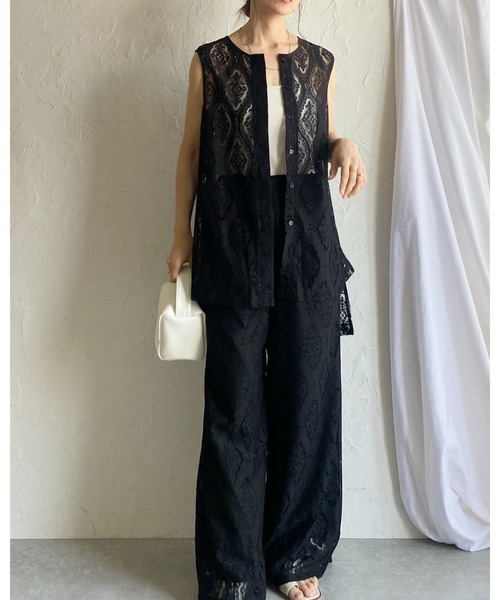 セットアップ ブラウス ラウンドネック ノースリーブ S/XL セール】スキッパネックノースリーブブラウス＆ウエストタック