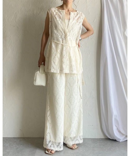ブラウス シャツ セットアップ ノースリーブトップス＆ワンドパンツ レディース She's Closet セットアップ ノースリーブラッセルレースジレ