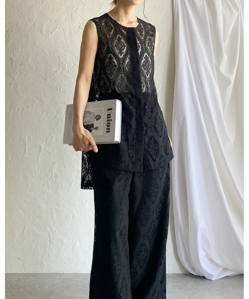 レース セットアップ ノースリーブ トップス ショートパンツ She's Closet セットアップ ノースリーブラッセルレースジレ