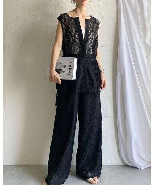 セットアップ ブラウス ラウンドネック ノースリーブ S/XL She's Closet セットアップ ノースリーブラッセルレースジレ